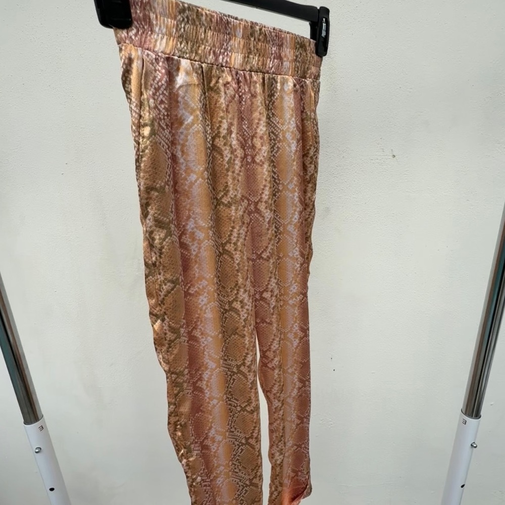 Beach Riot Pink and Gold Snake Print Satin Track Pants